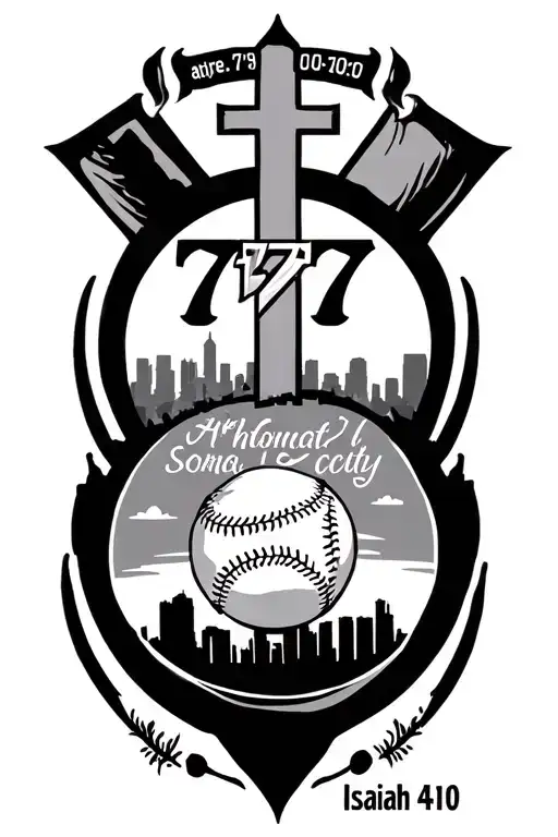 a cross with 717 area code and something with baseball and the skyline of Lancaster city and bible verse Isaiah 41:10 tattoo design idea