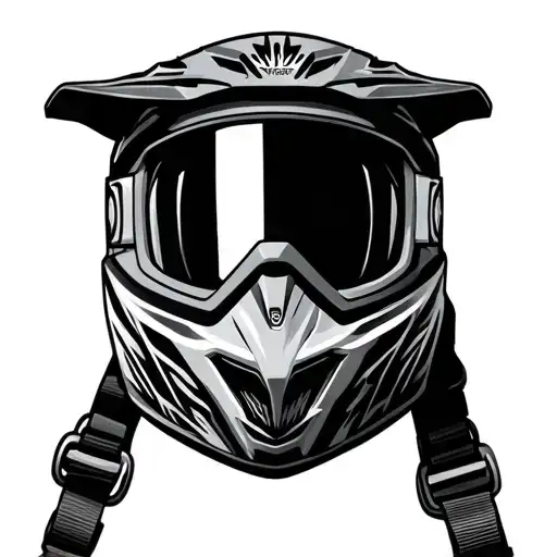 dirtbike helmet side view, trail camp scene painted on helmet, SportBike on goggle strap tattoo design idea