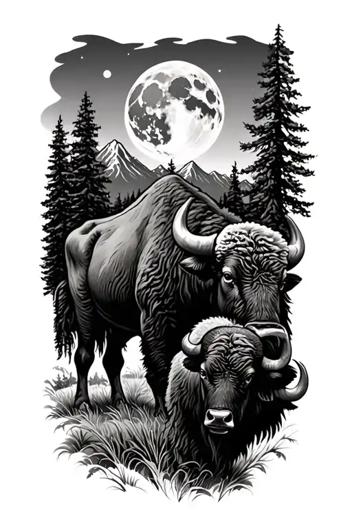 buffalo standing, mountains and trees in background, full moon overhead tattoo design idea