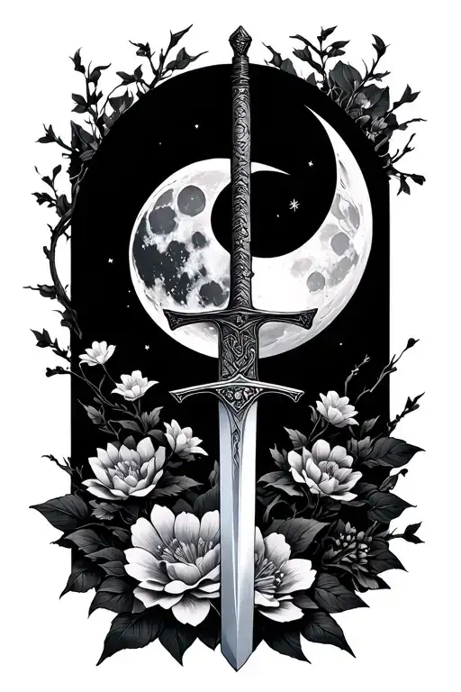 sword,moon, japanese fan, flowers tattoo design idea