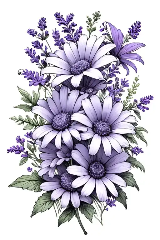 Lilys lavender violets daisys cosmos flowers long skinny fine line spine tattoo tattoo design idea