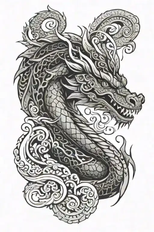 polynesian design with dragon breathing fire tattoo design idea