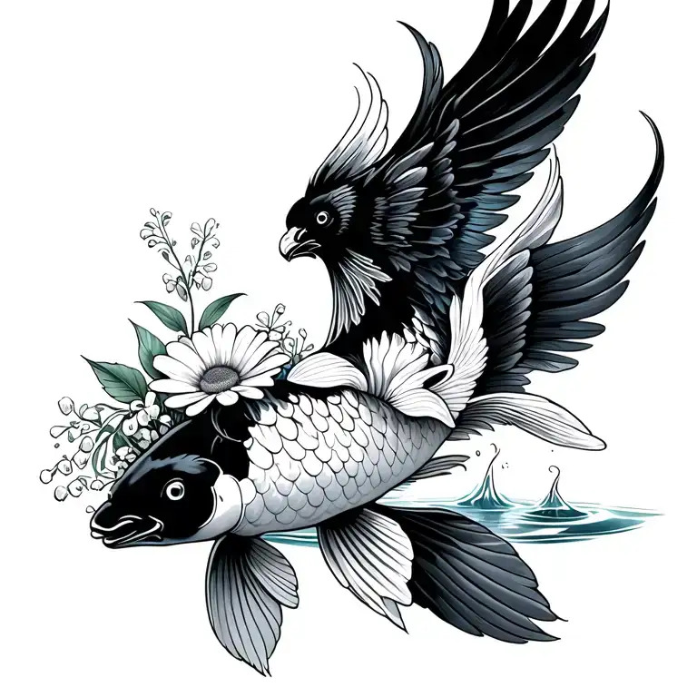 jumping Up out of water black white koi with phoenix wings, bouquet with an aster, a daisy, a lily of the valley tattoo design idea