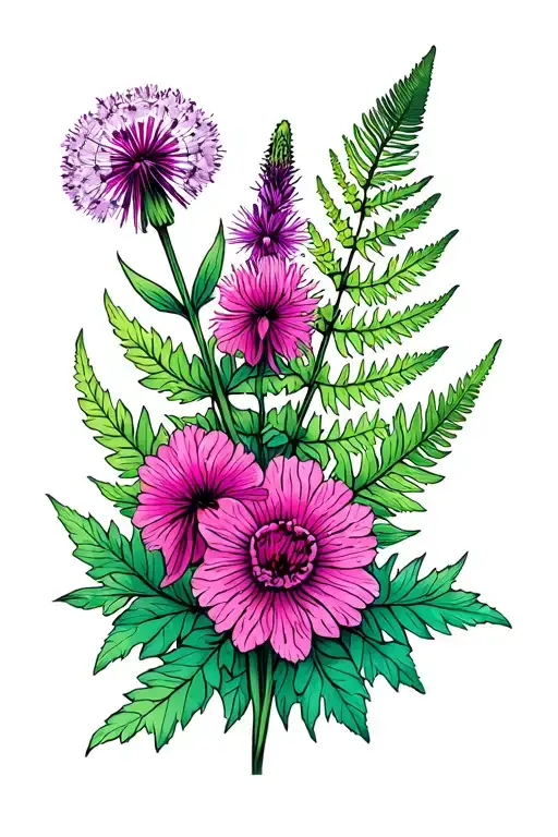 medium sized tattoo to be placed on my inner forearm containing: fireweed, fern leaf, dandelion, musk thistle, orchid  tattoo design idea