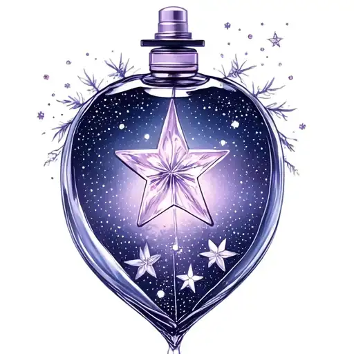 A perfume bottle with a star-filled sky inside, symbolizing the client's passions tattoo design idea