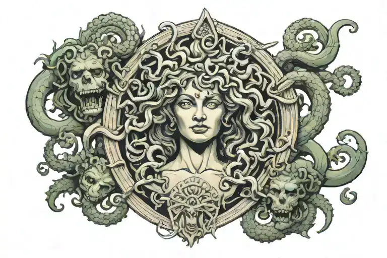 Medusa with some dirty pillars, Hesiod's Shield of Herakles and other gorgons in the background tattoo design idea