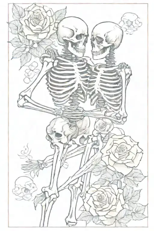 tarot card with the word "Lovers" and two skeletons hugging each other. The female has a rose in her skull. tattoo design idea