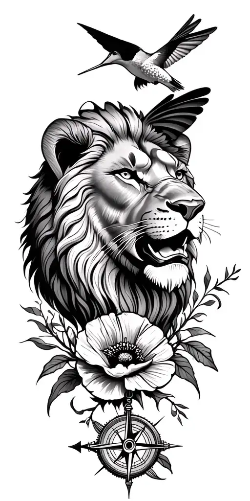 lions head with poppy and humming bird underneath with a compass at the bottom tattoo design idea