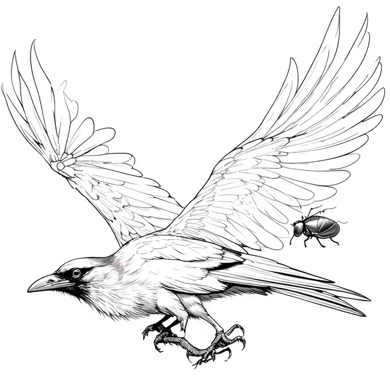 Raven in flight with a lightning bug sitting on its beak tattoo design idea