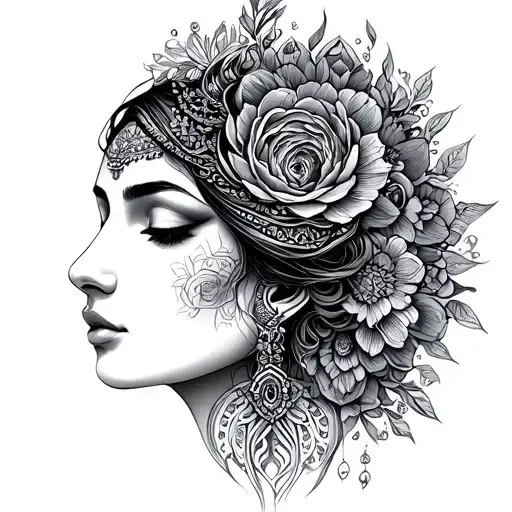 spiritual, feminine, goddess essence, side of face tattoo design idea