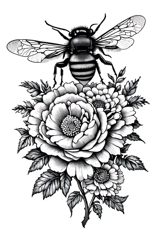 Manchester bee with roses and daisies and peonies growing tattoo design idea