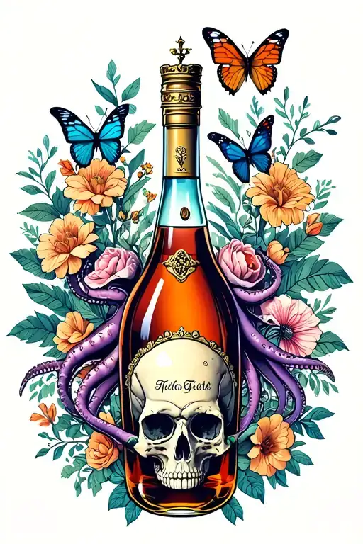 squid holds cognac, butterflies, skulls, foliage, flowers, crown, tattoo design idea