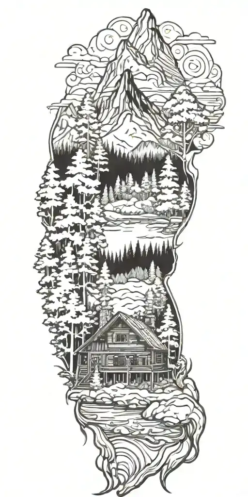 A detailed log cabin nestled in the mountains surrounded by pine trees and a flowing river tattoo design idea