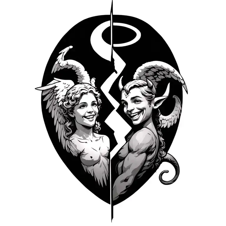 a broken heart left half a grinning angel with a wing and halo  right half a gently smiling devil with a tail and horn tattoo design idea