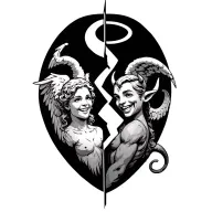 a broken heart left half a grinning angel with a wing and halo  right half a gently smiling devil with a tail and horn tattoo design idea