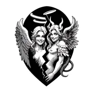 a broken heart left half a grinning angel with a wing and halo  right half a gently smiling devil with a tail and horn tattoo design idea