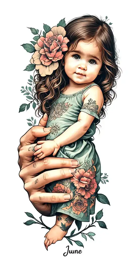 full sleeve honoring my baby daughter June. baby daughter's hand holding dads finger, etc  tattoo design idea