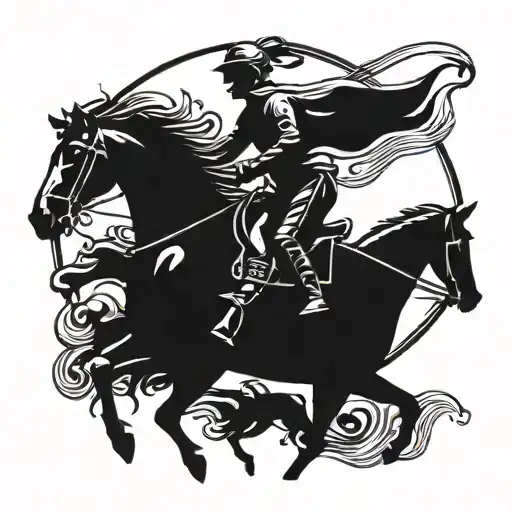 A stylized silhouette of a rider on horseback, with a loyal dog running alongside, capturing the client's love for riding horses and dogs tattoo design idea