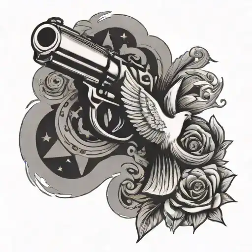 revolver shooting smoke with a dove flying and praying hands with some stars  tattoo design idea
