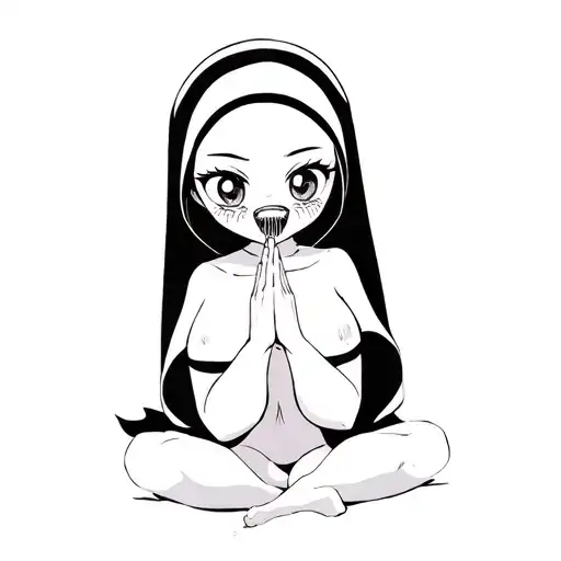 sexy nun with big eyes with bare breasts with gag in mouth prays on knees tattoo design idea