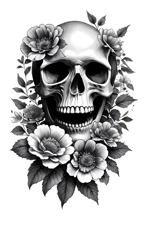 skull and flowers growing tattoo design idea