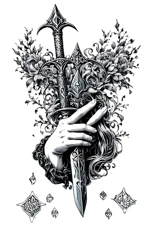 hand from lady of the lake with excalibur held tattoo design idea