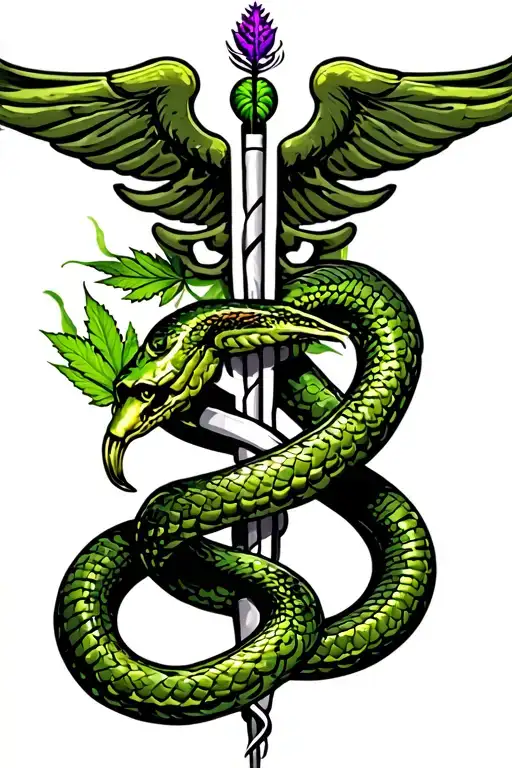 "Medical" Caduceus symbol with realistic weed smoking snakes that wrap around a joint. a green prurple bud on top tattoo design idea