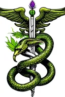 "Medical" Caduceus symbol with realistic weed smoking snakes that wrap around a joint. a green prurple bud on top tattoo design idea