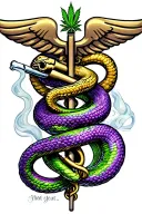 "Medical" Caduceus symbol with realistic weed smoking snakes that wrap around a joint. a green prurple bud on top tattoo design idea