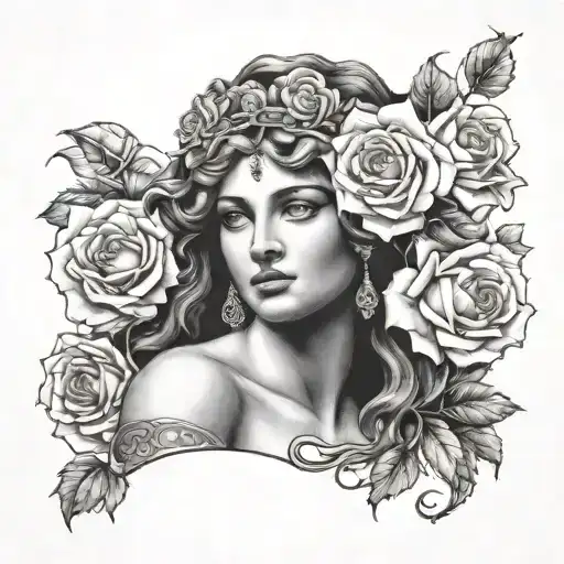 GREEK GODESS HELEN OF TROY SURRONDED BY ROSES  tattoo design idea