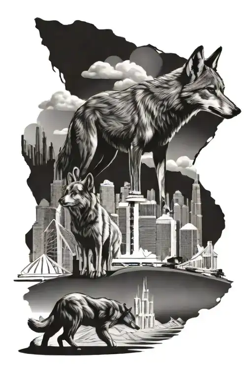 ethiopian wolf pack over las vegas skyline tattoo design idea