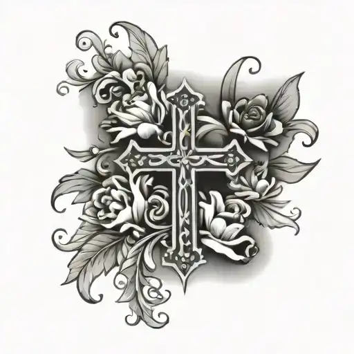 floral tooling around a cross tattoo design idea