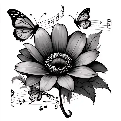 a flower with music notes with butterflies  tattoo design idea