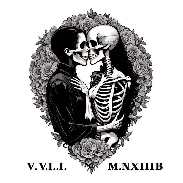"VI.II.MMXVIII" skeleton lovers kissing tattoo design idea