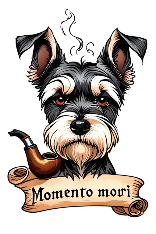 Miniature Schnauzer that looks sad smoking a tobacco pipe that looks sad with a scroll text that says momento mori  tattoo design idea