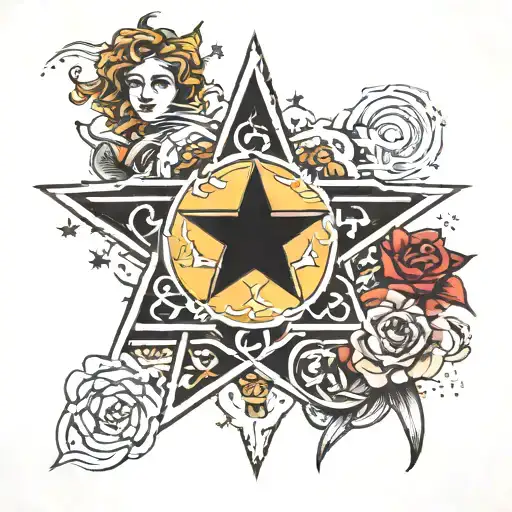 a five-pointed star with the bodies of three women and two men tattoo design idea