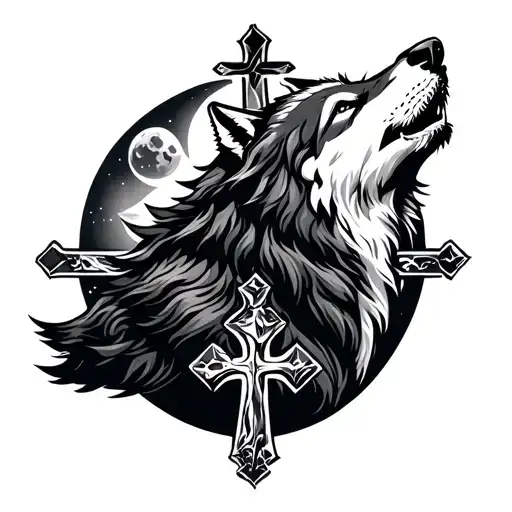 mountains moon wolf howling and 3 crosses tattoo design idea