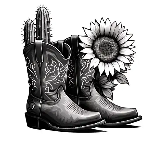 cowboy boots with sunflowers inside next to a cactus  tattoo design idea