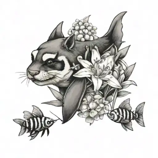 3 animals: bumble bee with lily of the valley, otter with daffodils, and tiger shark swimming tattoo design idea