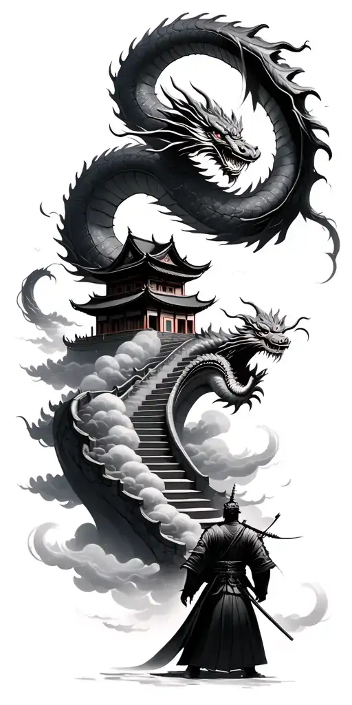 Chinese temple perched atop clouds, ascending staircase with a spiral dragon, and a vigilant samurai at its sacred base. tattoo design idea