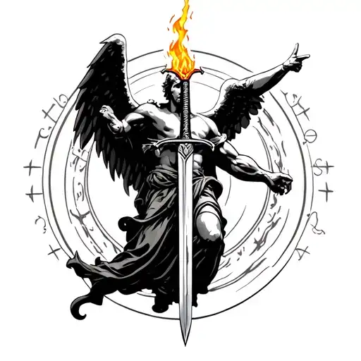 angel Michael, pointing sword that's on fire with symbolic circles and lines around him tattoo design idea