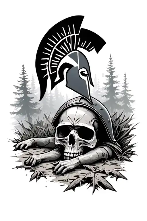 Black and white Forest background with a skull laying in the ground looking up wearing a spartan helmet tattoo design idea