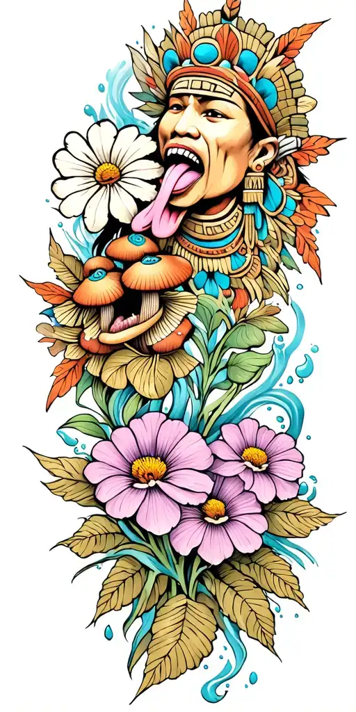 Mayan warrior tongue out on tongue flowers water Mayan tribal pattern mushrooms trippy  tattoo design idea