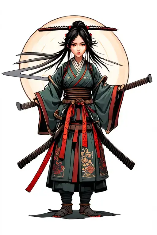 samurai girl wearing traditional clothes with two saws tattoo design idea