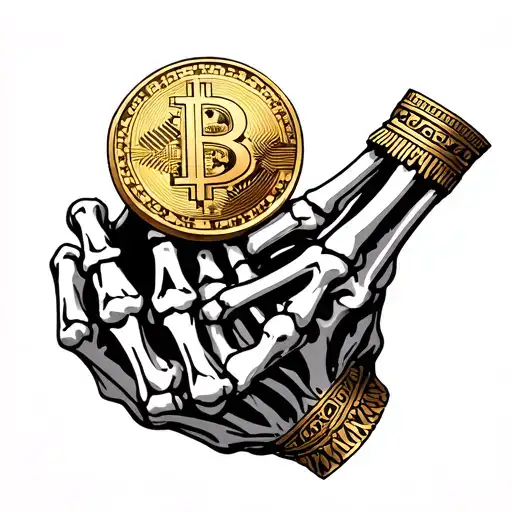 skeleton hand holding aztec gold coin tattoo design idea