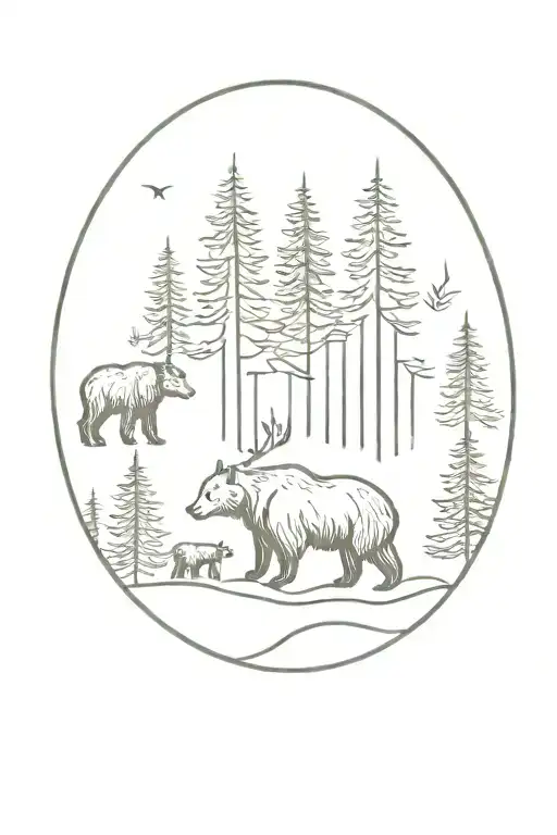 bears and moose and pine tree forest tattoo design idea