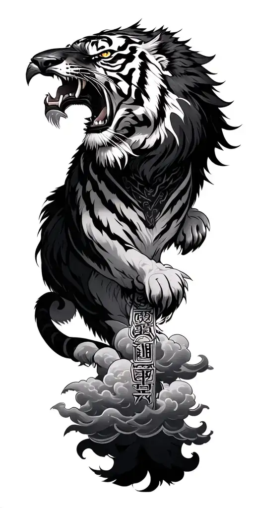 very aggressive Tiger with Japanese Clouds, with Runes and mythology elements, Raven tattoo design idea