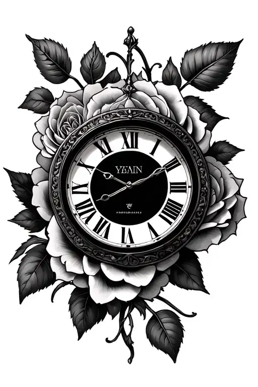 Roman numerals clock roses tattoo design idea