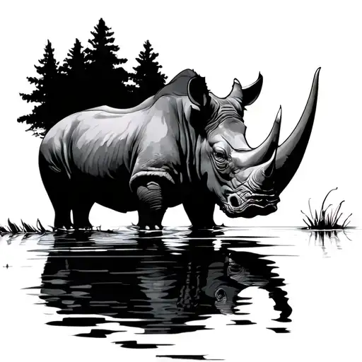 rhino near lake drinking the water from the lake scene tattoo design idea