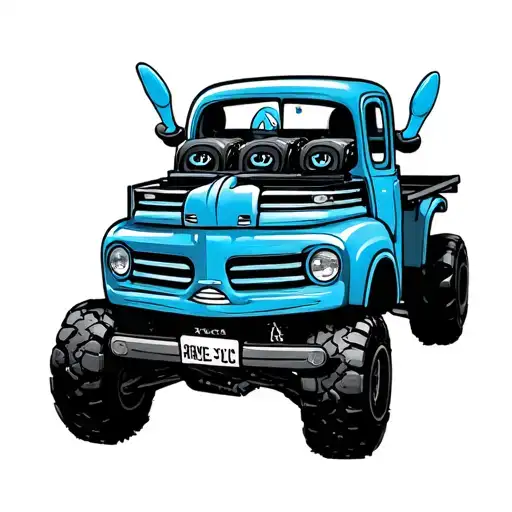 pickup truck with peace sign license plate with four wheeler in the bed with bluey character tattoo design idea